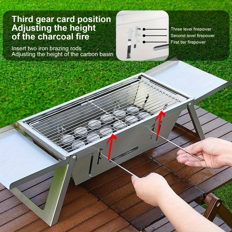Portable Stainless Steel Charcoal Grill  Foldable, Polished Finish with Carry Bag