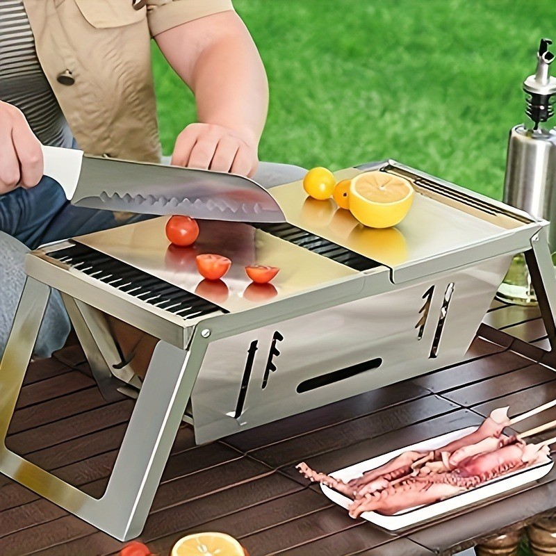 Portable Stainless Steel Charcoal Grill  Foldable, Polished Finish with Carry Bag