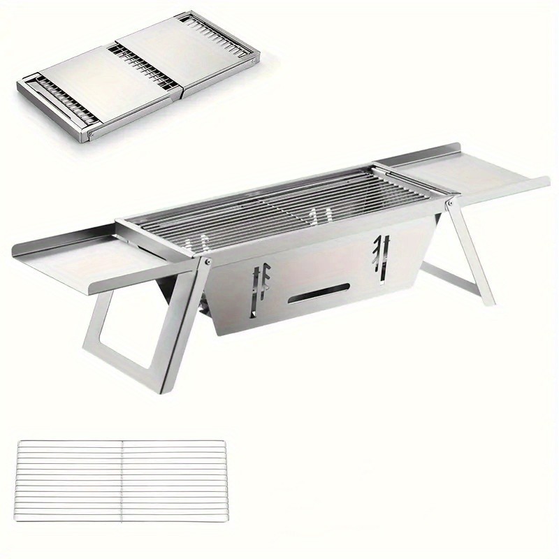 Portable Stainless Steel Charcoal Grill  Foldable, Polished Finish with Carry Bag