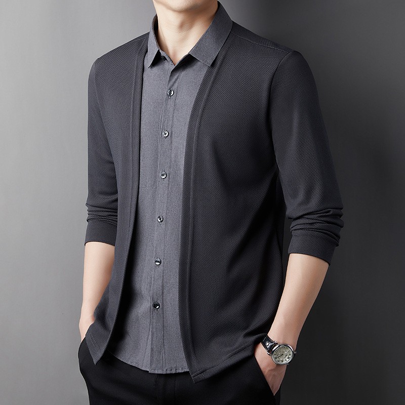 Men's Fake Two-Piece Shirt Collar Knitted Cardigan!