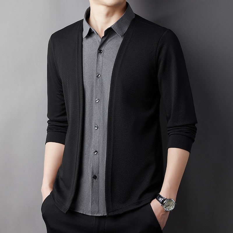 Men's Fake Two-Piece Shirt Collar Knitted Cardigan!