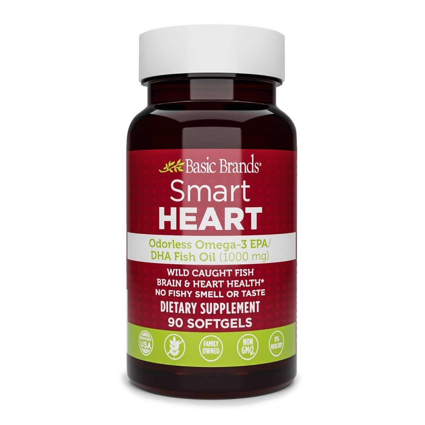 Basic Brands Smart Heart Odorless Omega-3 Fish Oil Burp-Less No Fishy Smell 1000 mg 90 Count