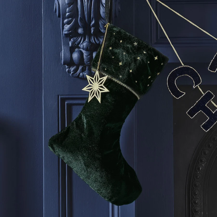 Christmas Stocking - Velvet Luxe Green Velvet Embroidered with Charm