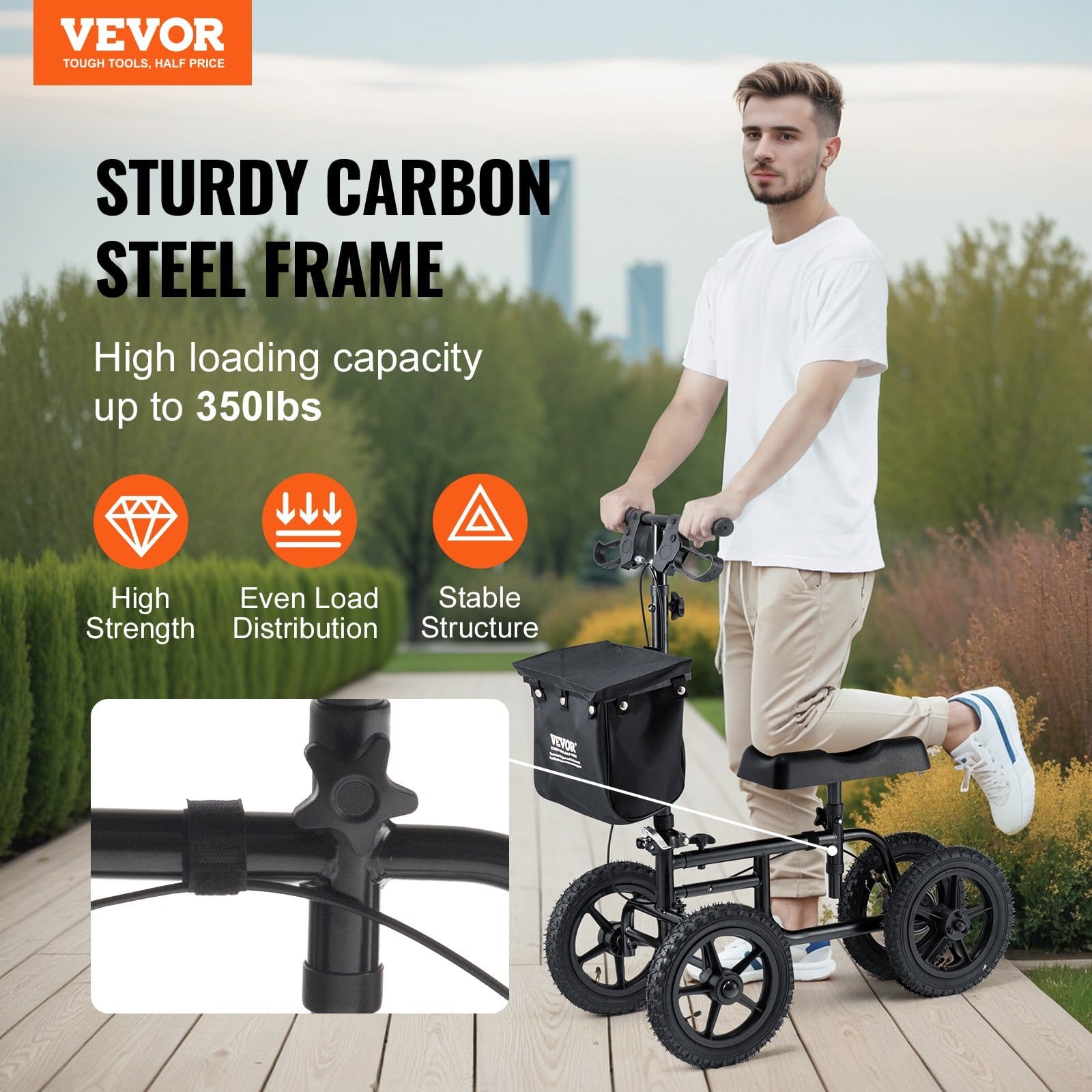 Folding Knee Scooter, Carbon Steel Steerable Knee Walker with Height-Adjustable Handlebar & Knee Pad, 12" All-Terrain Wheel, Dual Brakes, Leg Recovery Scooter for Injured Ankle Foot Knee, 350LBS