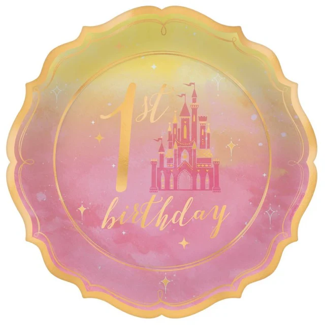 Disney Princess 1st Birthday 7"/ 17cm Metallic Shaped Plates - (Pack of 8)