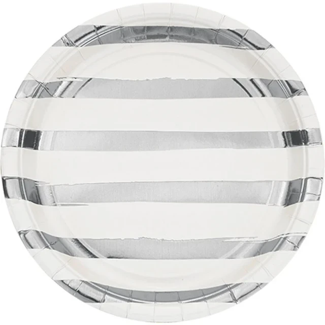 Touch Of Colour White & Silver Foil Striped Dinner Plates Paper (Pack of 8)