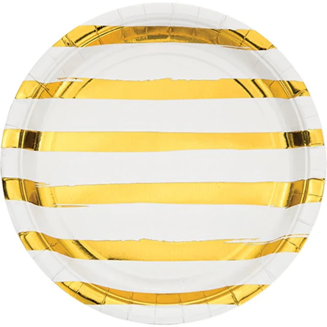 Touch Of Colour White & Gold Foil Striped Dinner Plates Paper (Pack of 8)