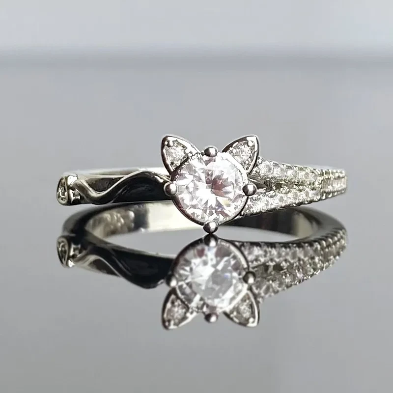 Sterling Silver Cat Ears Ring with Simulated Diamond Cute and Elegant Fashion Jewelry