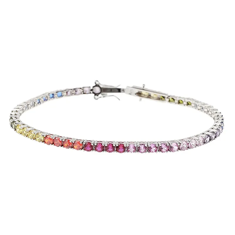 S925 Sterling Silver Multi-Color Zircon Tennis Bracelet Round Diamond Design for Men and Women