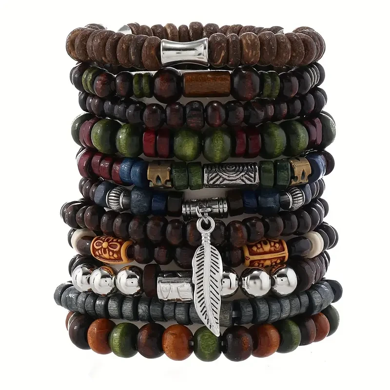 Set Vintage Style Bohemian Wooden Beaded Bracelets