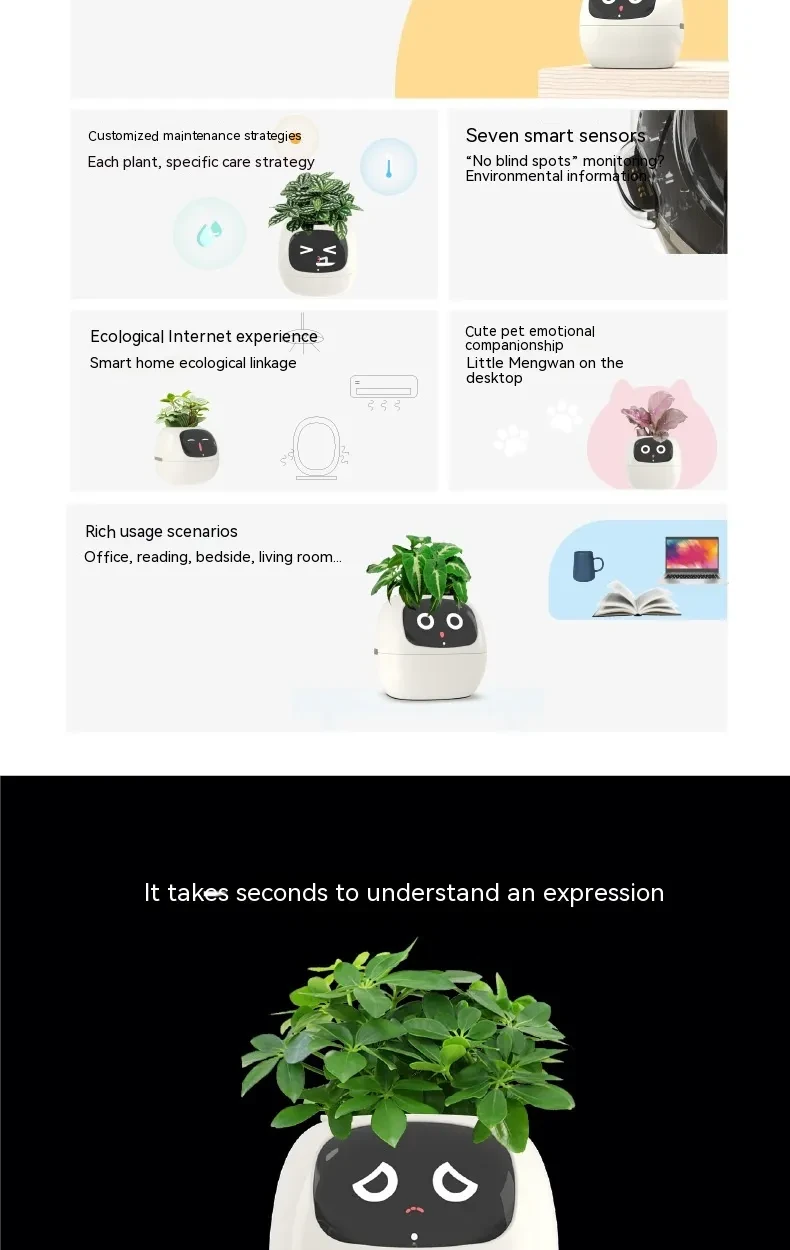 Planter with 49 Expressions, 7 Sensors, and AI for Easy Plant Care.