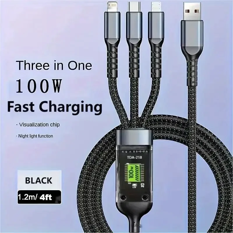3-in-1 100W USB-C Fast Charging Cable - Multi-Port Micro USB Charging Cord for iPhone, Samsung, Xiaomi POCO