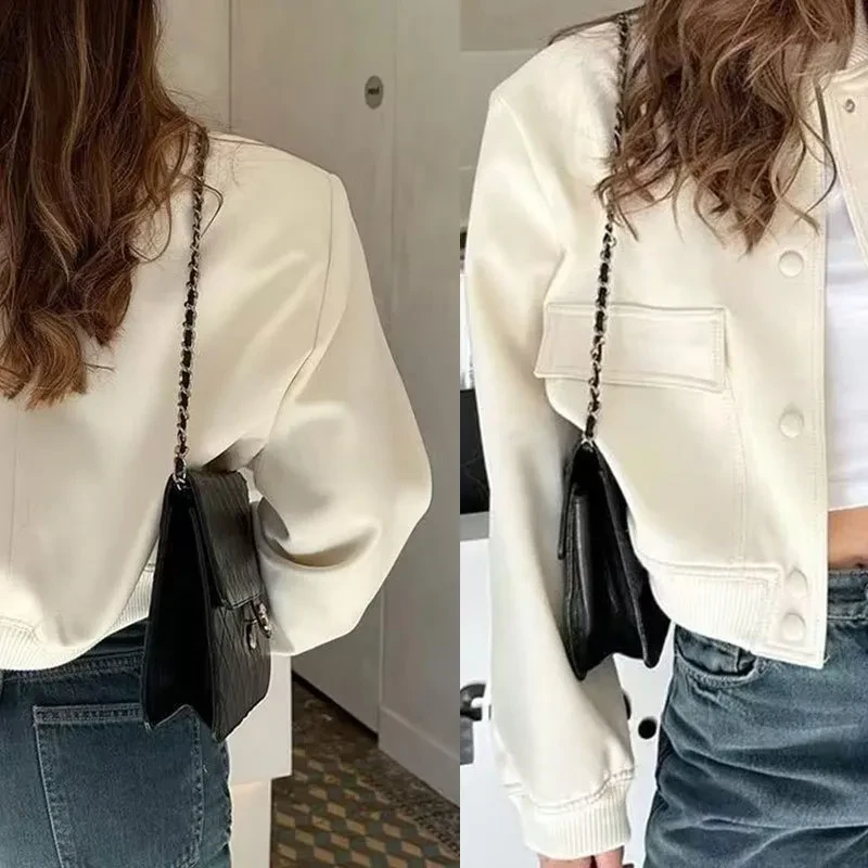 Fashion Button Stand-collar Jacket With Big Pockets Casual Loose Short Outwear Tops Coat For Women Clothing