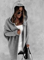Fashion Bat Sleeve Hooded Cardigan Oversized Loose Temperament Solid Color Sweater Womens Clothing
