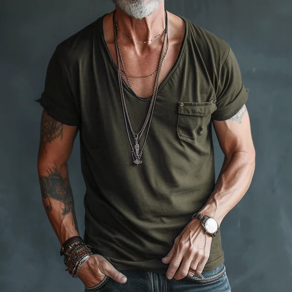 Men's V Neck Breast Pocket Short Sleeve Cargo T-Shirt