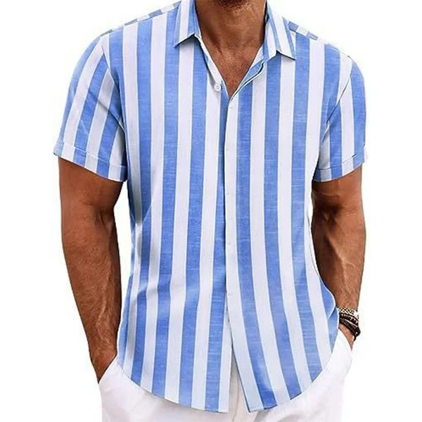 Men's Casual Striped Lapel Short Sleeve Shirt
