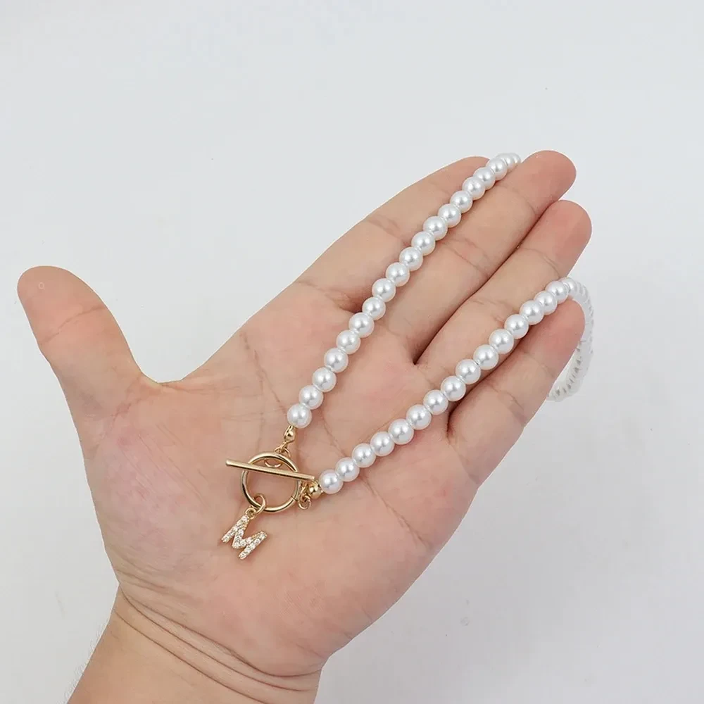 Pearl Chain OT Buckle Inlaid 26 Letter Necklace