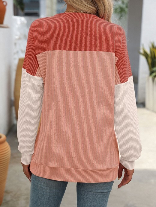 Round Neck Twist Strip Long Sleeve Loose T-shirt For Women