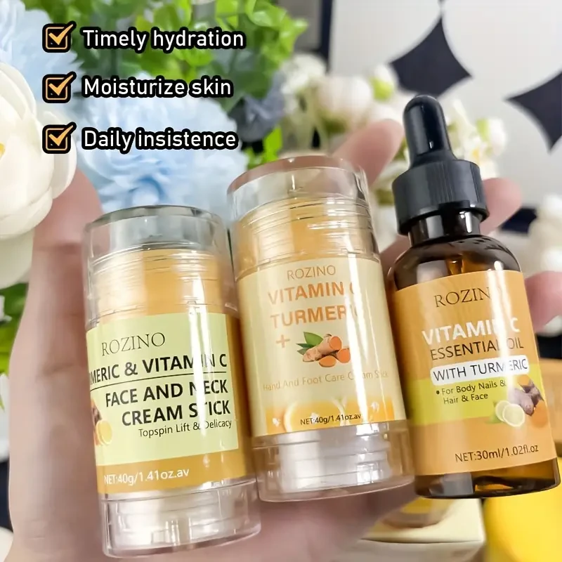 ROZINO Turmeric & Vitamin C 5-Piece Skincare Set - Eye Cream, Face & Neck Cream Stick, Hand & Foot Cream Stick, Essential Oil, and Face & Neck Cream Stick
