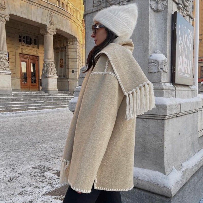 Warm and Stylish Women's Woolen Coat with Tassel Scarf