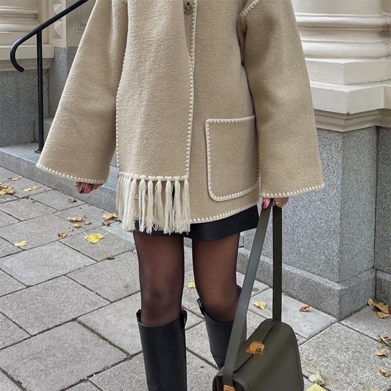 Warm and Stylish Women's Woolen Coat with Tassel Scarf