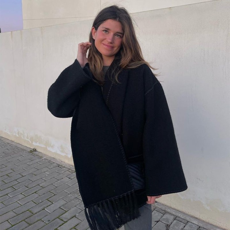 Warm and Stylish Women's Woolen Coat with Tassel Scarf