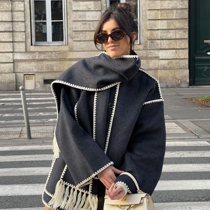 Warm and Stylish Women's Woolen Coat with Tassel Scarf
