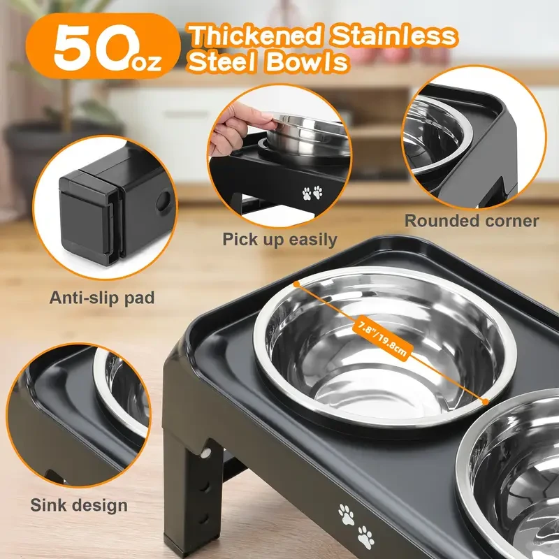 4-Height Adjustable Elevated Dog Bowls Stand 2 Stainless Steel Bowls for Large & Medium Dogs