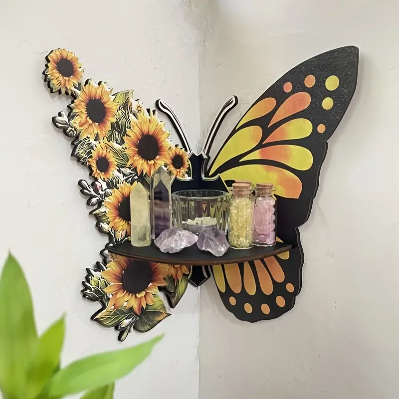 Whimsical Sunflower Butterfly Wall Corner Rack Spacious Storage Shelf for Home & Party Decor