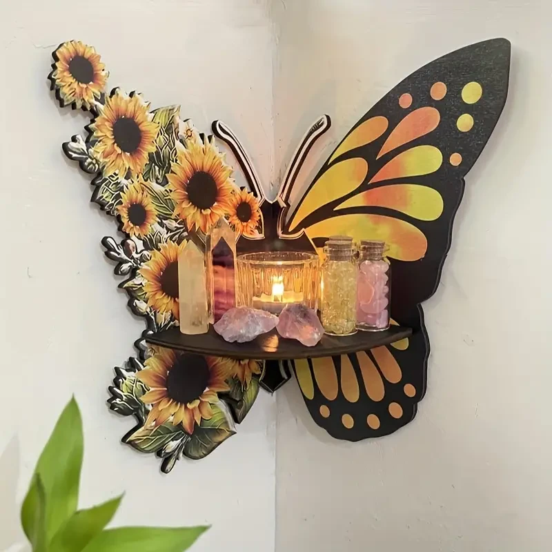 Whimsical Sunflower Butterfly Wall Corner Rack Spacious Storage Shelf for Home & Party Decor