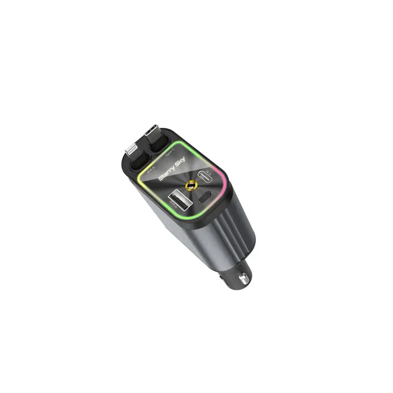 W&O 4-in-1 Retractable Car Charger High-Power Adapter with USB & Type-C Ports