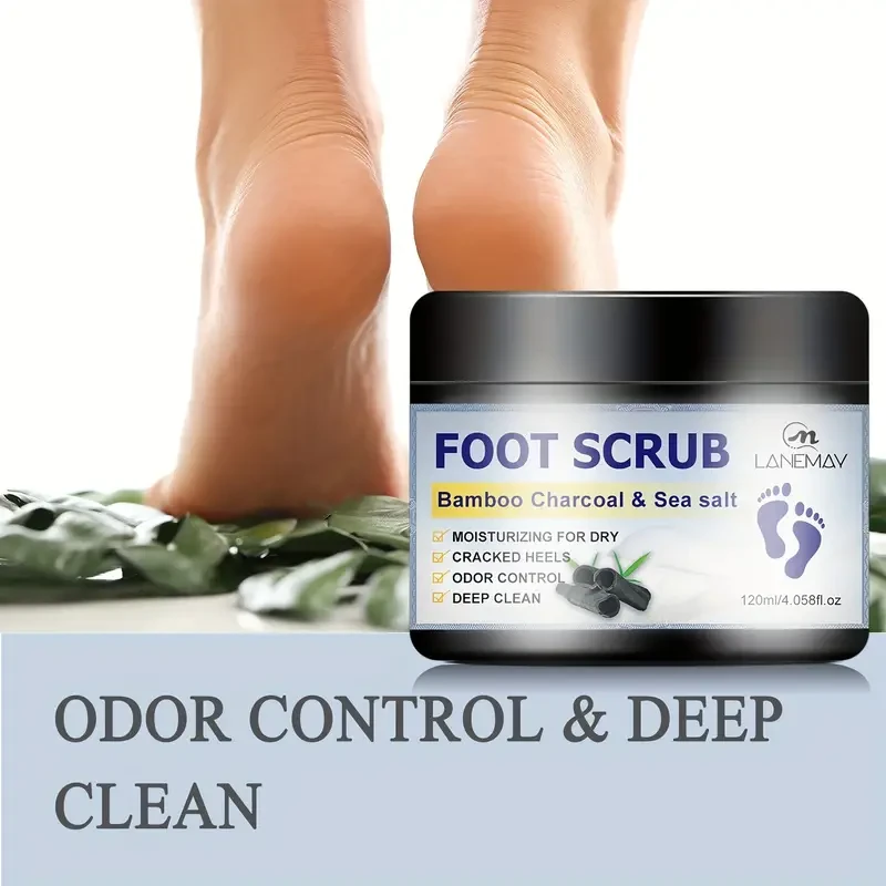 Lanemay Bamboo Charcoal & Sea Salt Foot Scrub - Hypoallergenic Exfoliating Treatment for Dry, Cracked Heels