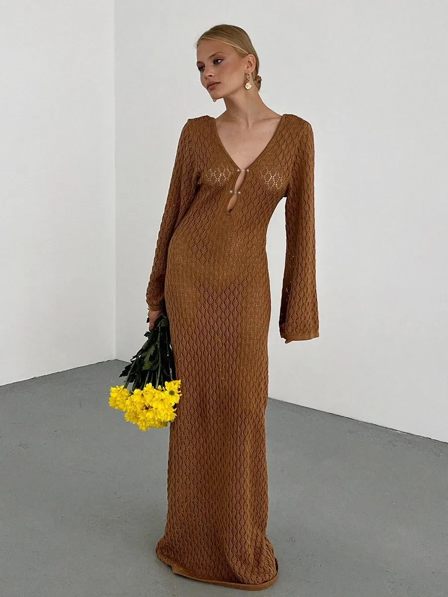 Solid Color Knitted Hollow-out Beach Swimsuit Blouse Sun-proof Women's Skirt