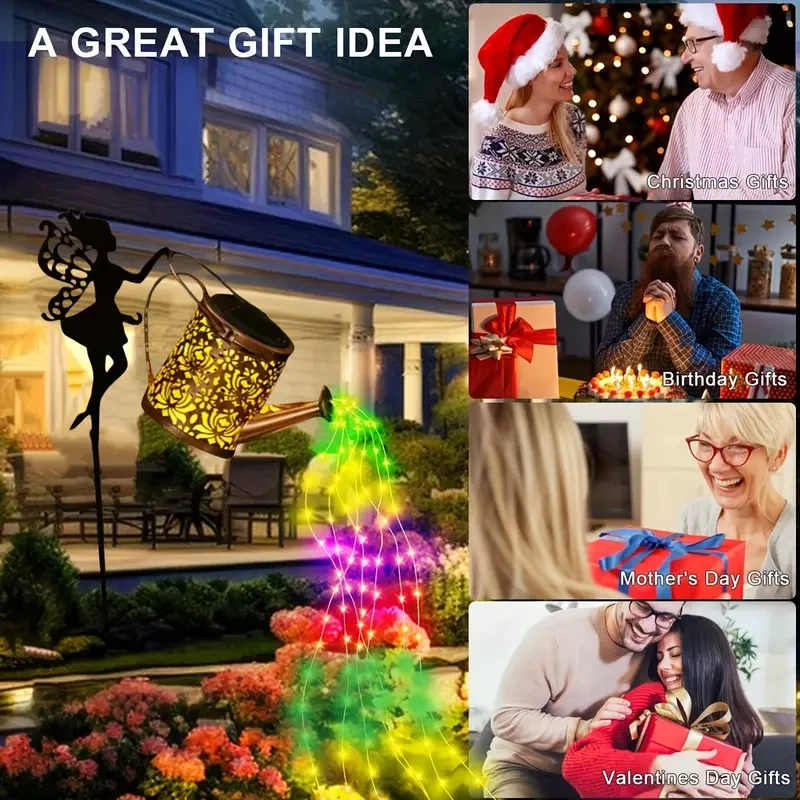 Solar-Powered Watering Can Lights with LED String - Metal Art Fairy Silhouette Stake for Garden, Patio & Lawn