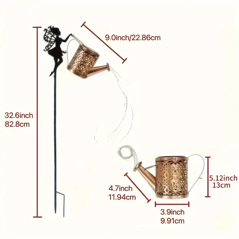 Solar-Powered Watering Can Lights with LED String - Metal Art Fairy Silhouette Stake for Garden, Patio & Lawn