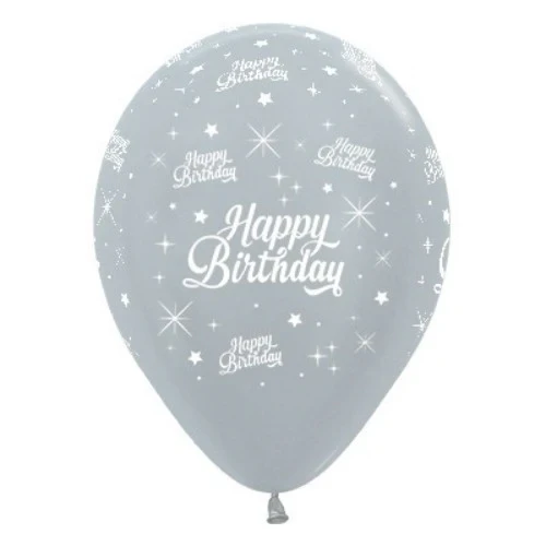 30cm Happy Birthday Silver Metallic Pearl Latex Balloons - Pack of 25