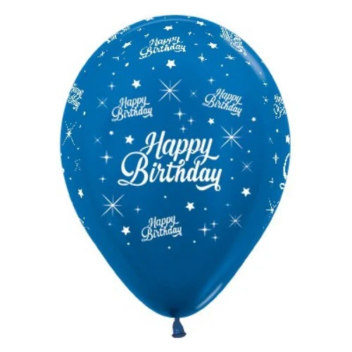 30cm Happy Birthday Blue Metallic Latex Balloons - Pack of 25