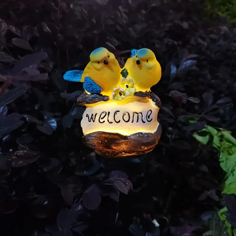 Solar-Powered LED Bird Garden Light with Welcome Sign - Resin Stake for Outdoor Lawn Decor