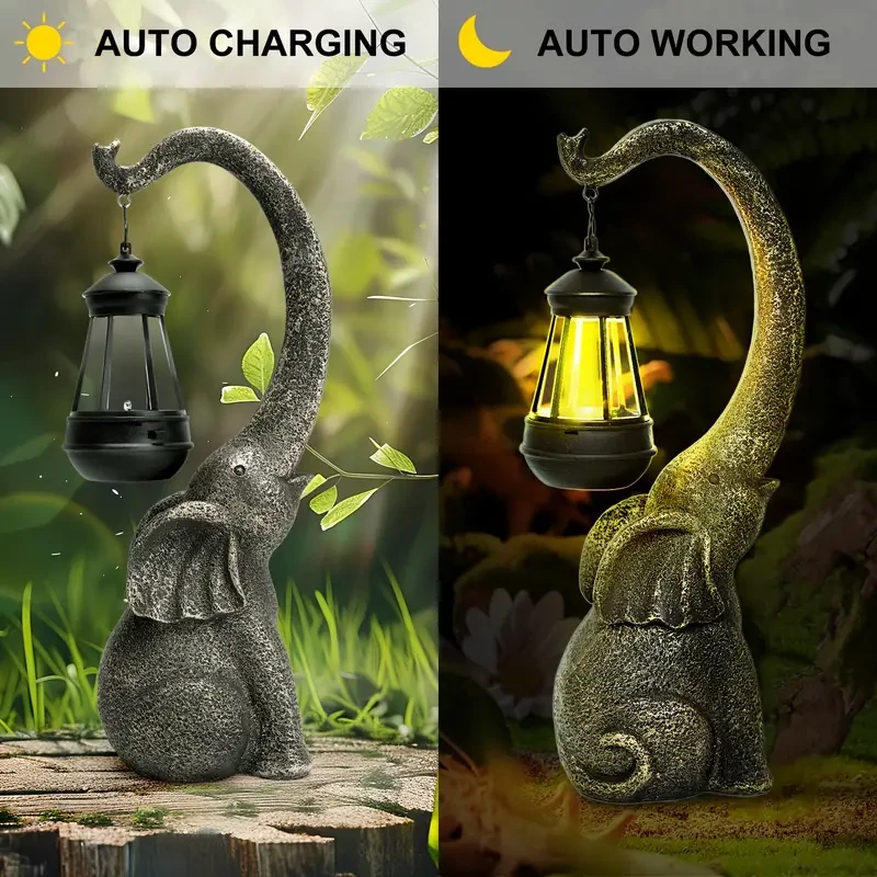 Solar-Powered Elephant Garden Statue - Resin Figurine with LED Light for Outdoor Decor