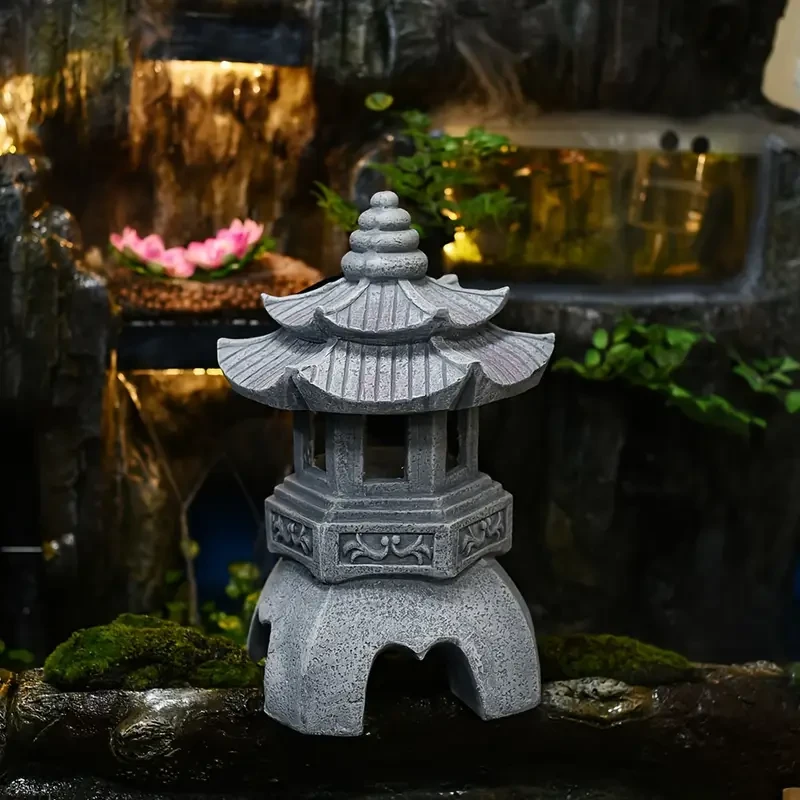 Solar-Powered Zen Garden Pagoda Lantern - Outdoor Stone Tower Light for Courtyard & Fence Decor