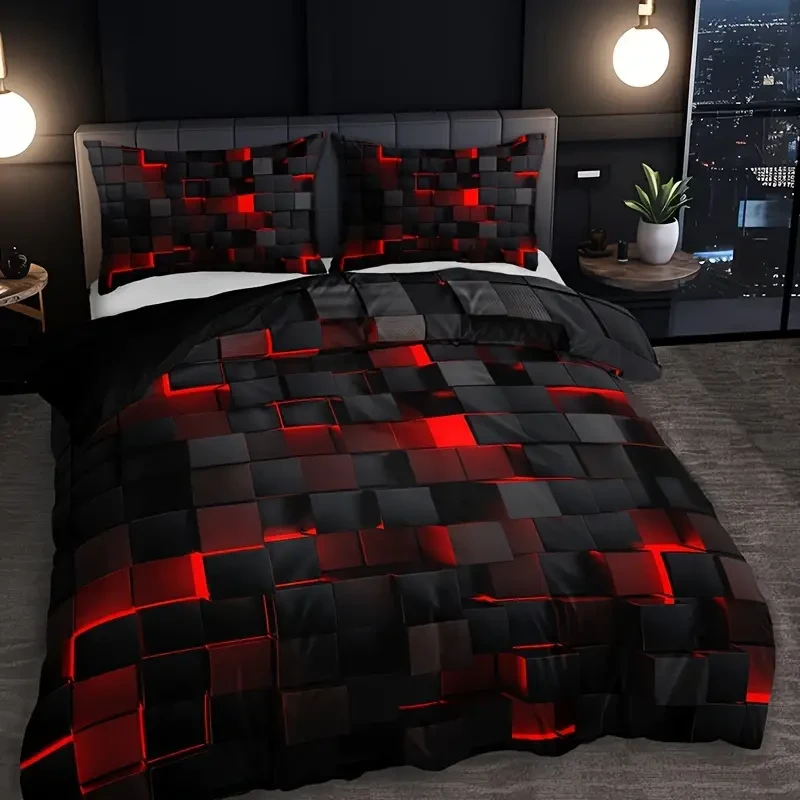 3-Piece Red Grid Duvet Cover Set