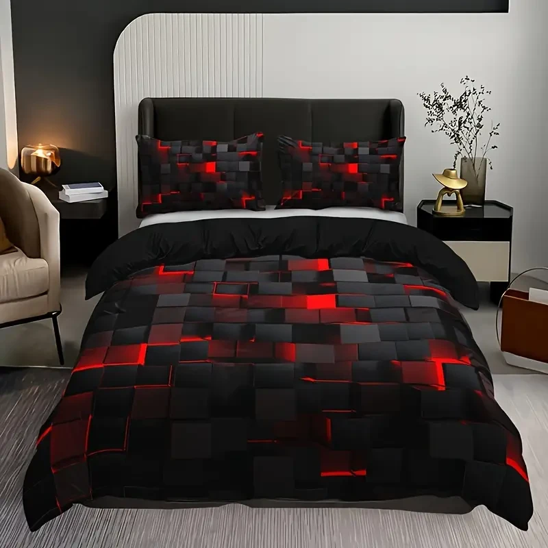 3-Piece Red Grid Duvet Cover Set