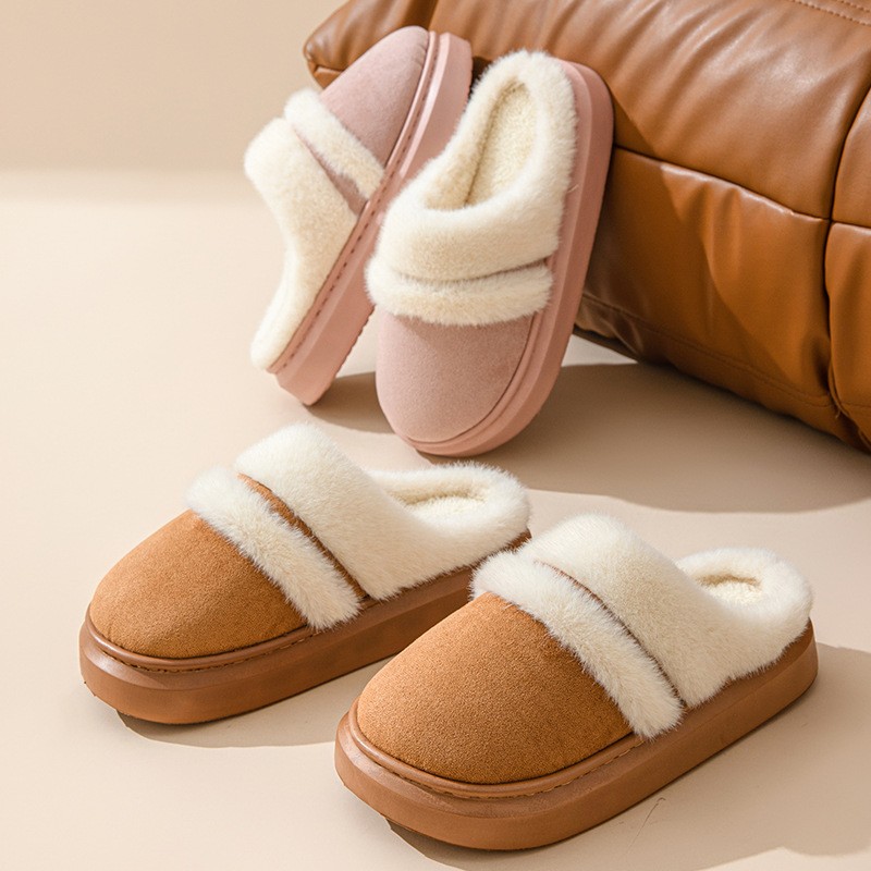 Womens Warm Cotton Slippers Thick Bottom, Non-slip Plus-Velvet Suede House Shoes