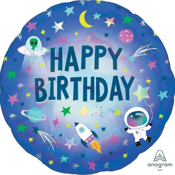 Balloon - 45cm Standard Holographic Happy Birthday Outer Space