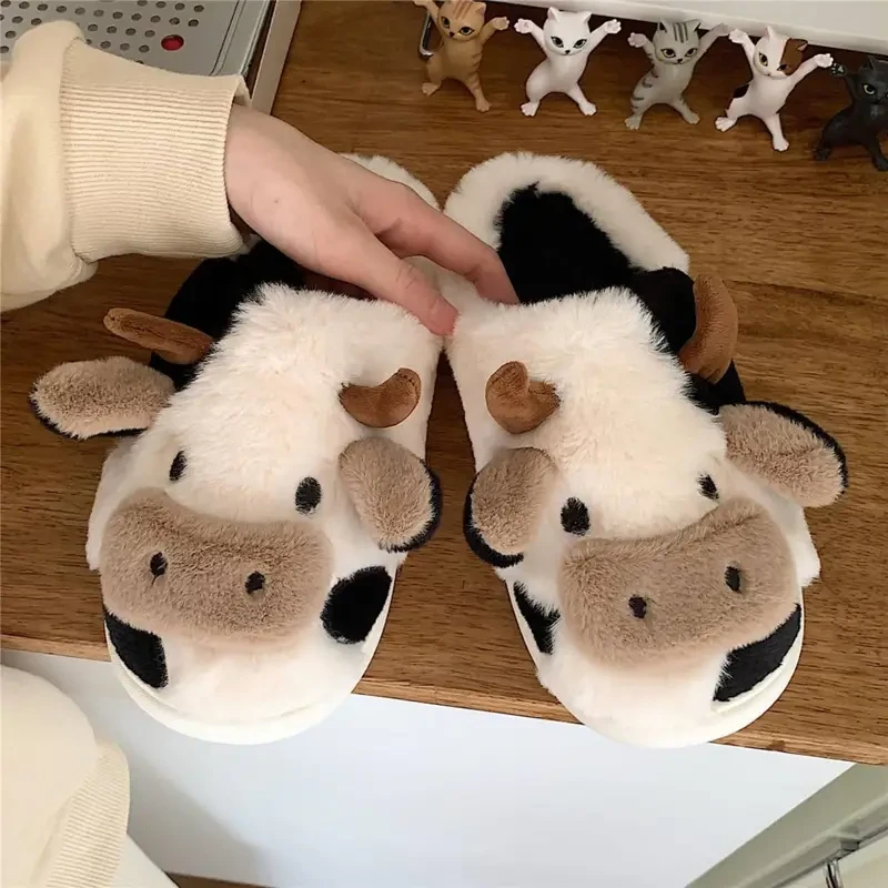 Womens Ultra-Soft Cow Print Fuzzy Slippers