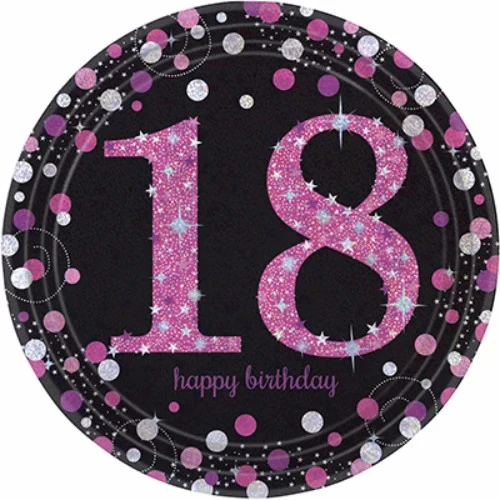 Sparkling Black 18 Happy Birthday Dinner Plates - Pack of 8