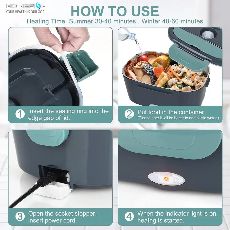 HOMEFISH 1.5L Electric Lunch Box Food Warmer Portable 60W Food Heater with Leak-Proof 304 Stainless Steel Liner