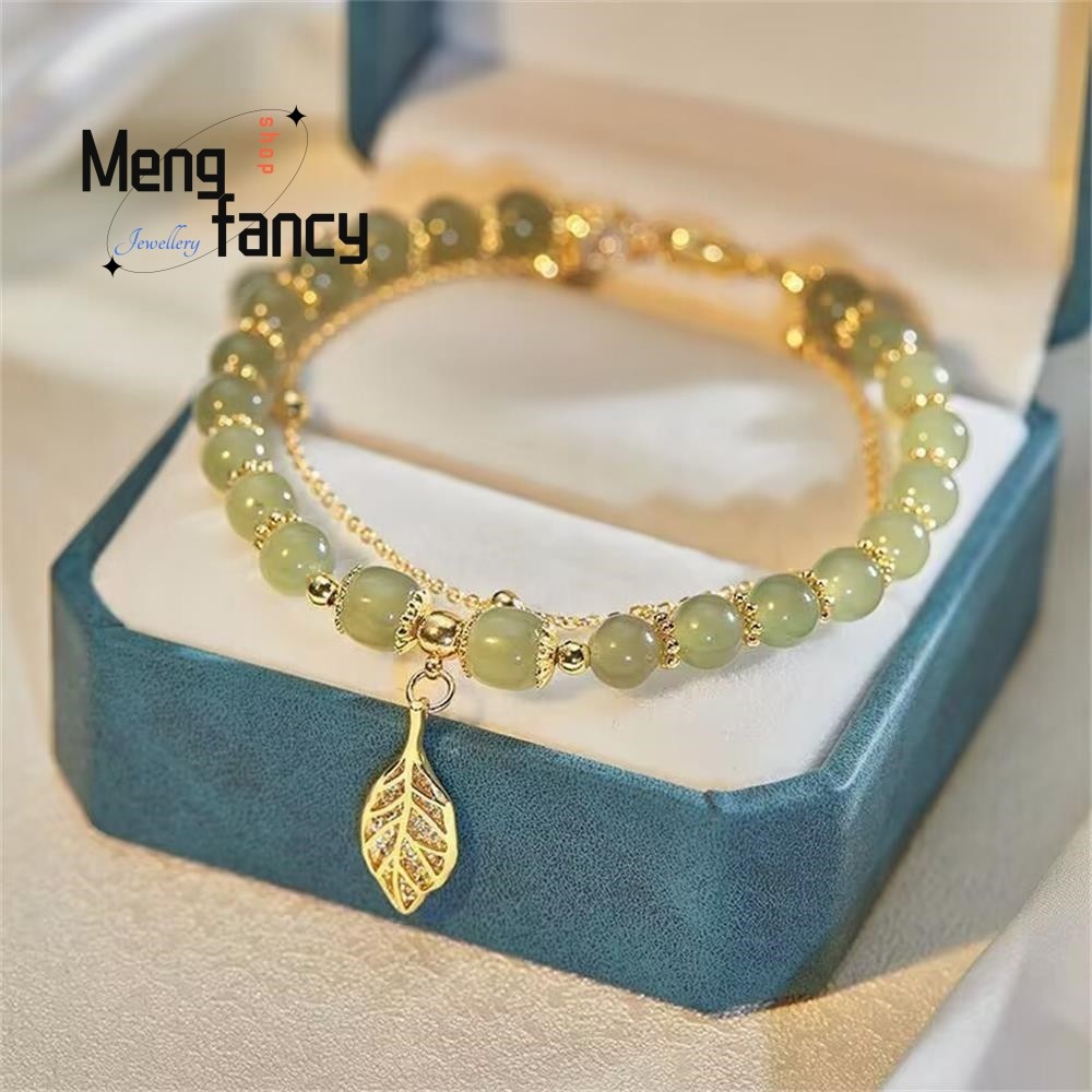 Natural Hetian Jasper Bracelet Golden Branch & Jade Leaves for Womens Fashion Jewelry