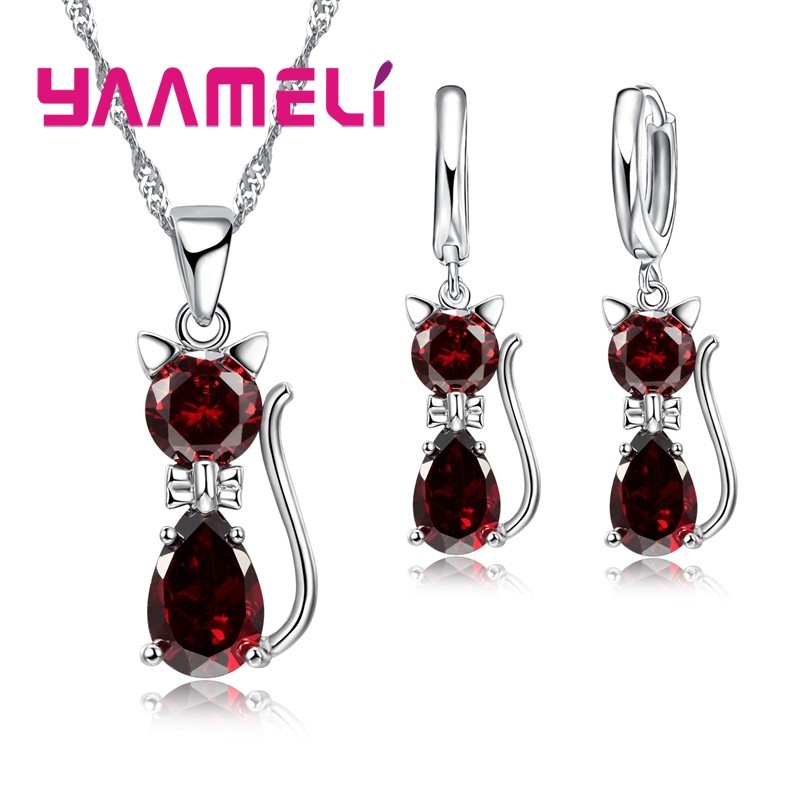 925 Sterling Silver Cat Jewelry Set Austrian Crystal Necklace & Huggie Earrings for Women & Girls