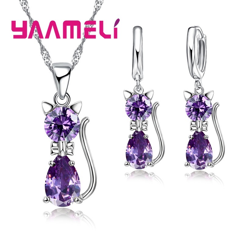 925 Sterling Silver Cat Jewelry Set Austrian Crystal Necklace & Huggie Earrings for Women & Girls